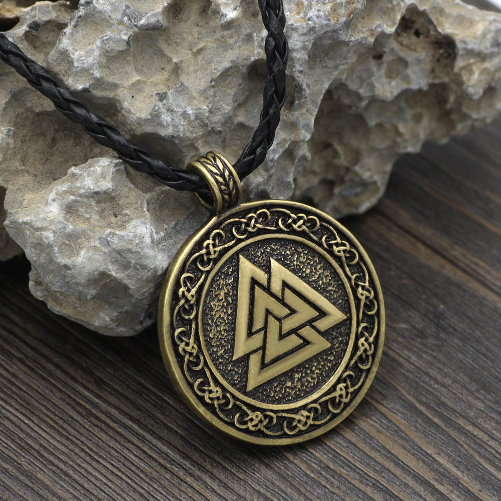 Valknut Pendant Necklace – Alloy Steel Norse Symbol on Leather Cord for a Bold Viking Look