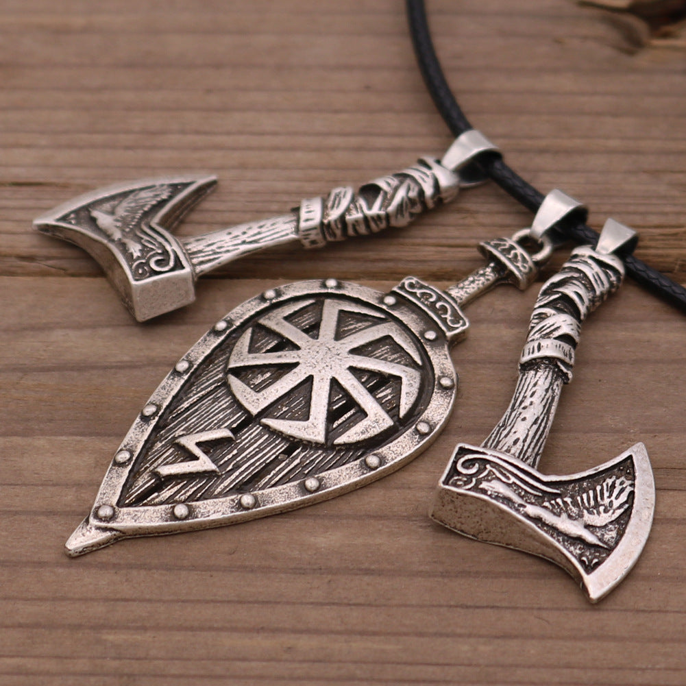 Viking Double Axe and Leaf Necklace Rune Pendant