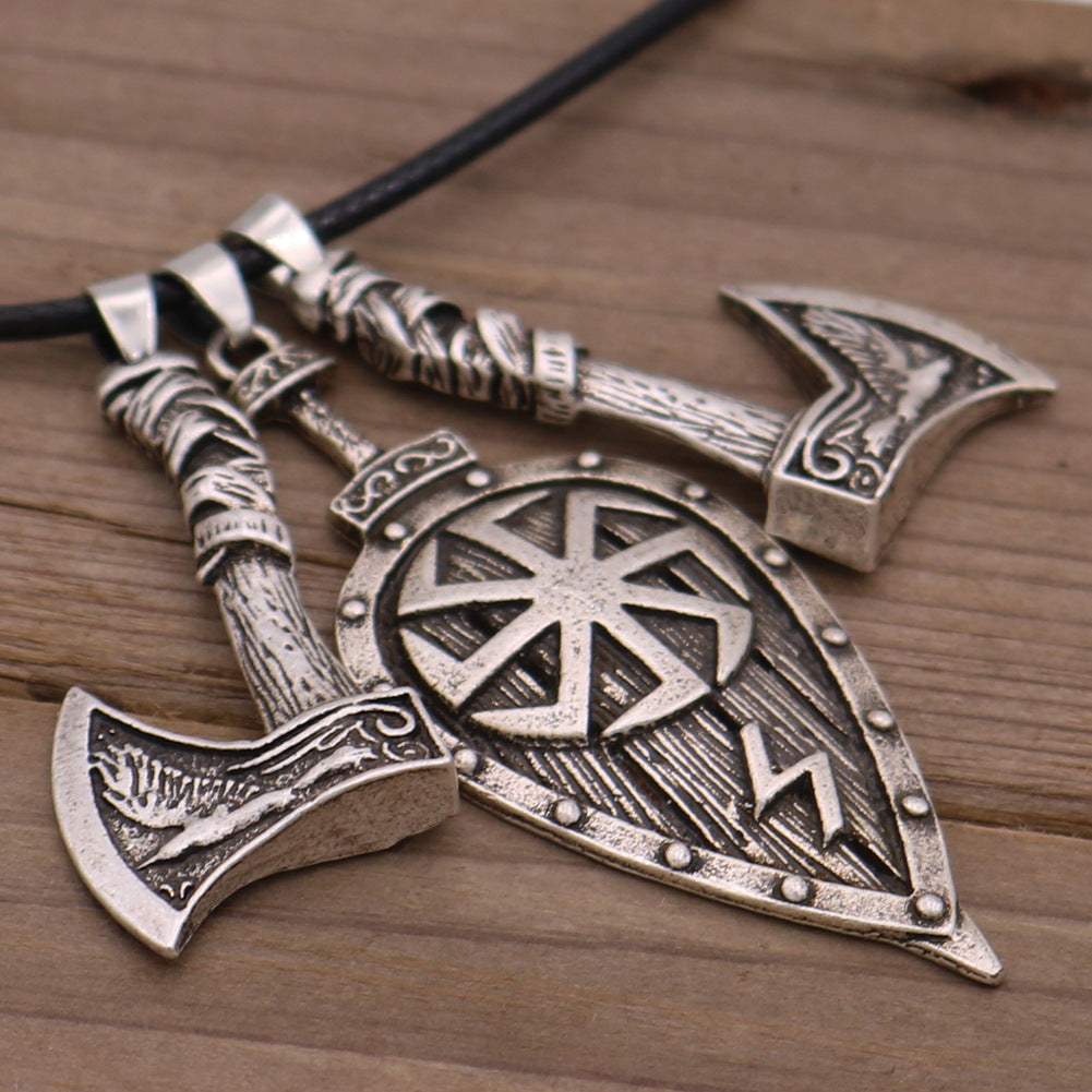 Viking Double Axe and Leaf Necklace Rune Pendant