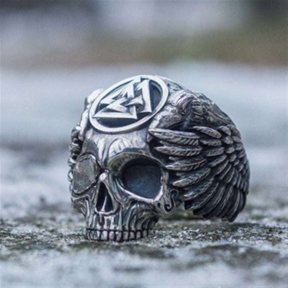 Odin with Ravens Stainless Steel Ring Mens Viking Valknut Skull Ring Norse