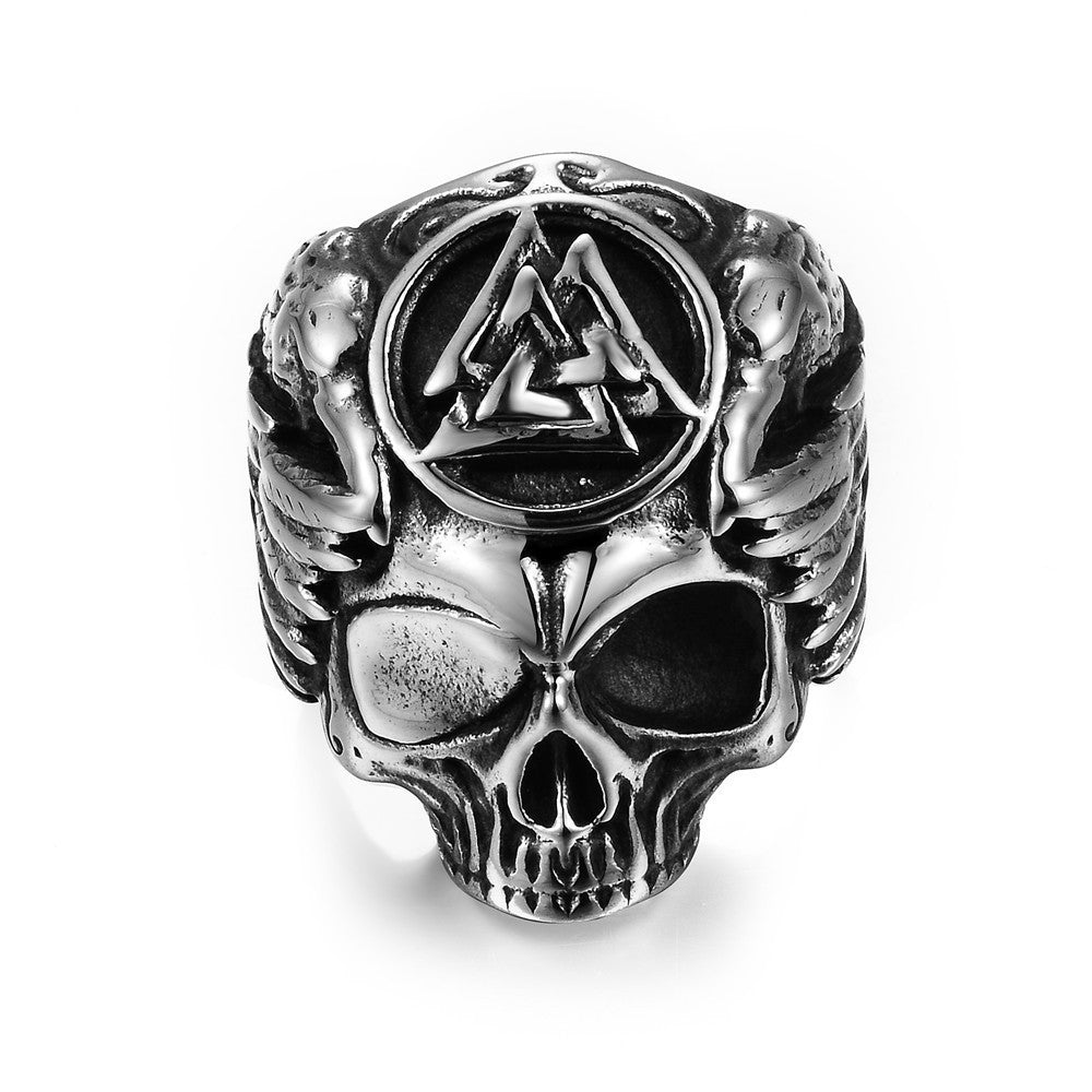 Odin with Ravens Stainless Steel Ring Mens Viking Valknut Skull Ring Norse