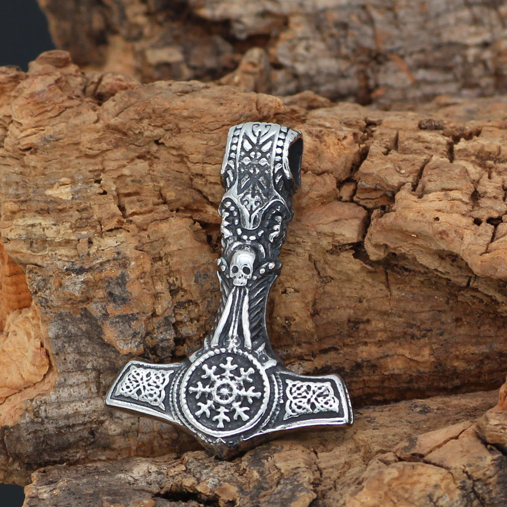 Handcrafted Stainless Steel Mjolnir With Skull And Helm Of Awe