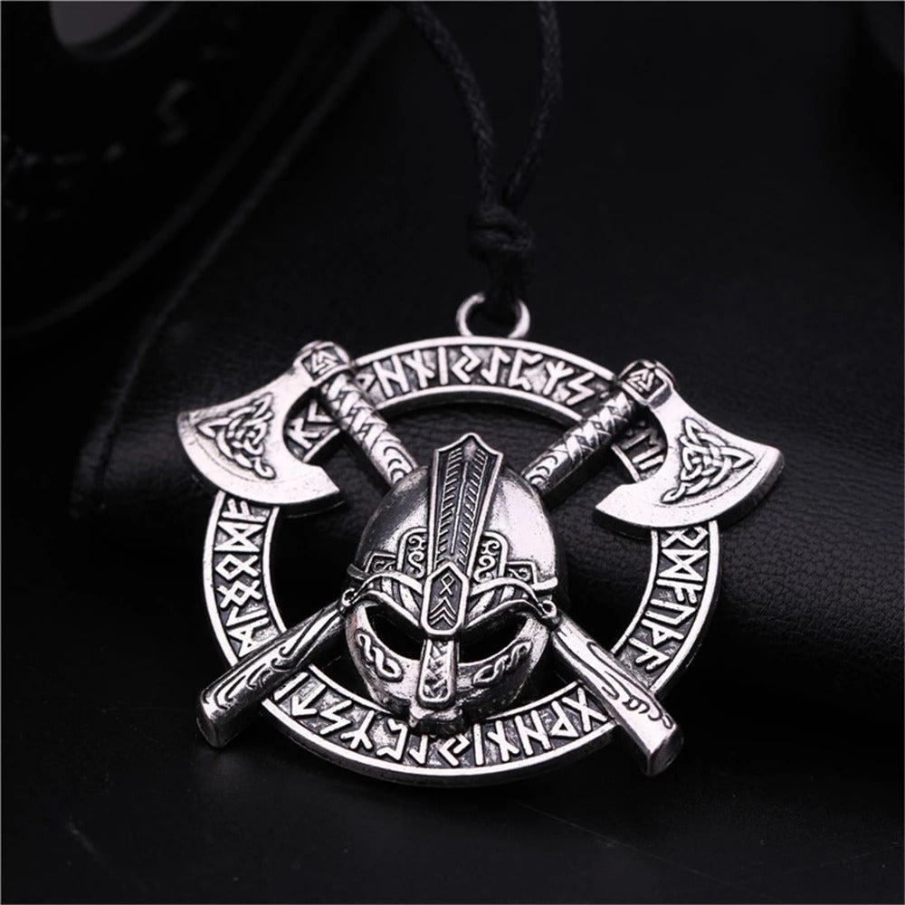 Viking Helmet Necklace with Rune Perimeter – Pendant Symbolizing Norse Warrior Strength and Protection, Perfect for Norse Mythology Enthusiasts