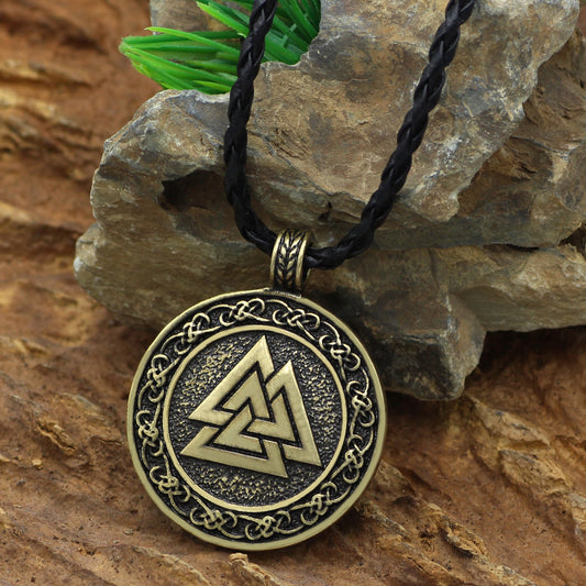 Valknut Pendant Necklace – Alloy Steel Norse Symbol on Leather Cord for a Bold Viking Look