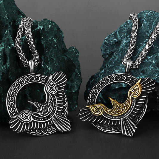 Nordic Viking Odin Raven Necklace – Titanium Steel Pendant with Retro Norse Mythology Design