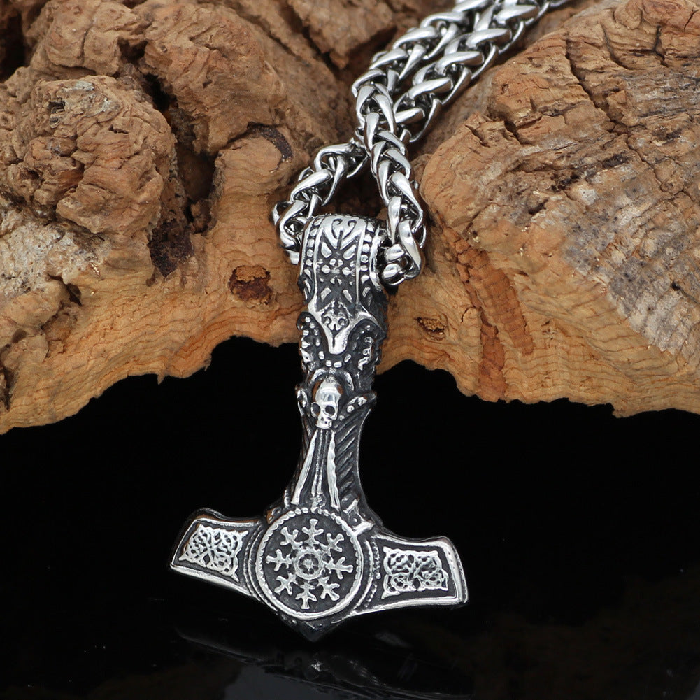 Handcrafted Stainless Steel Mjolnir With Skull And Helm Of Awe