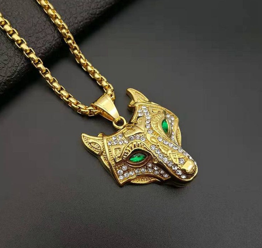 Gold Plated Stainless Steel Norse Wolf Head Pendant – Bold Viking Symbol of Strength and Protection, Intricately Designed for Norse Mythology Enthusiasts and Warriors at Heart