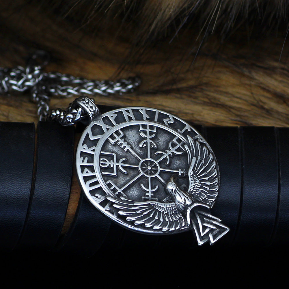 Raven Carrying Valknut Compass Necklace