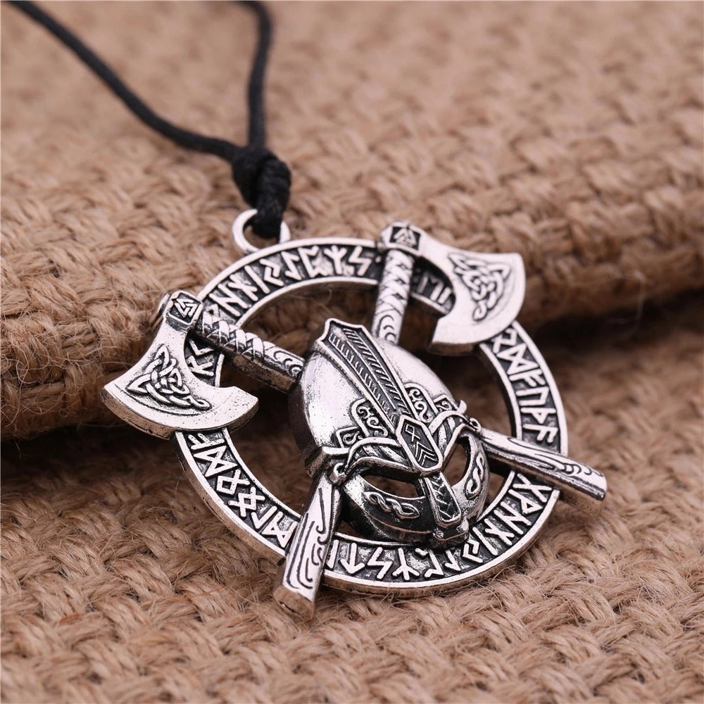 Viking Helmet Necklace with Rune Perimeter – Pendant Symbolizing Norse Warrior Strength and Protection, Perfect for Norse Mythology Enthusiasts