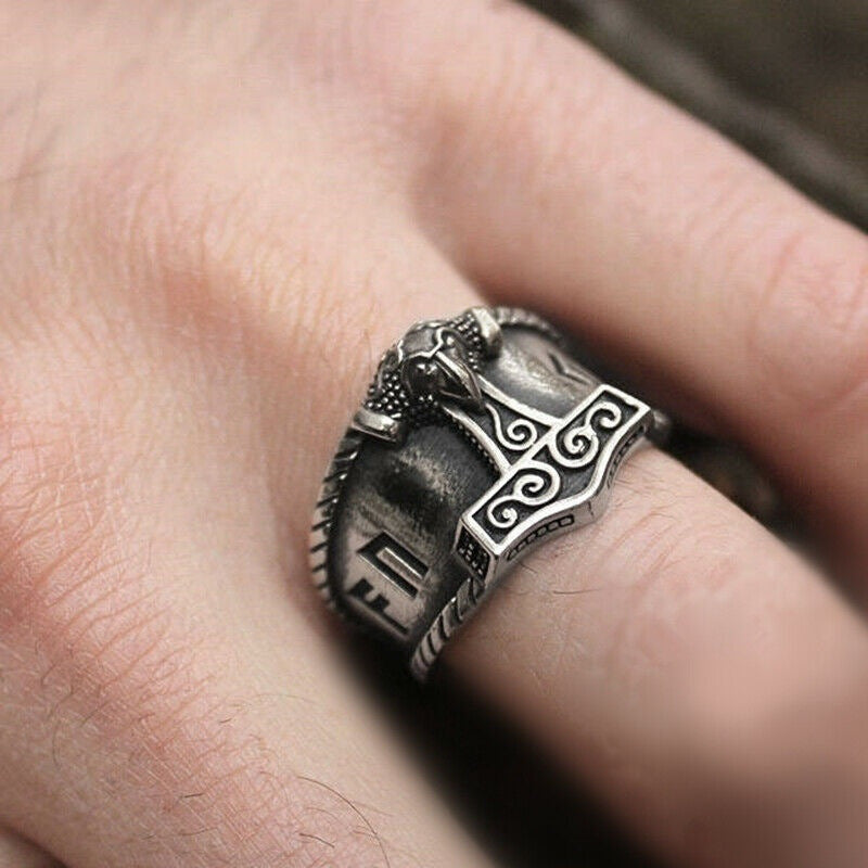 Stunning Viking ring featuring the iconic Mjolnir hammer