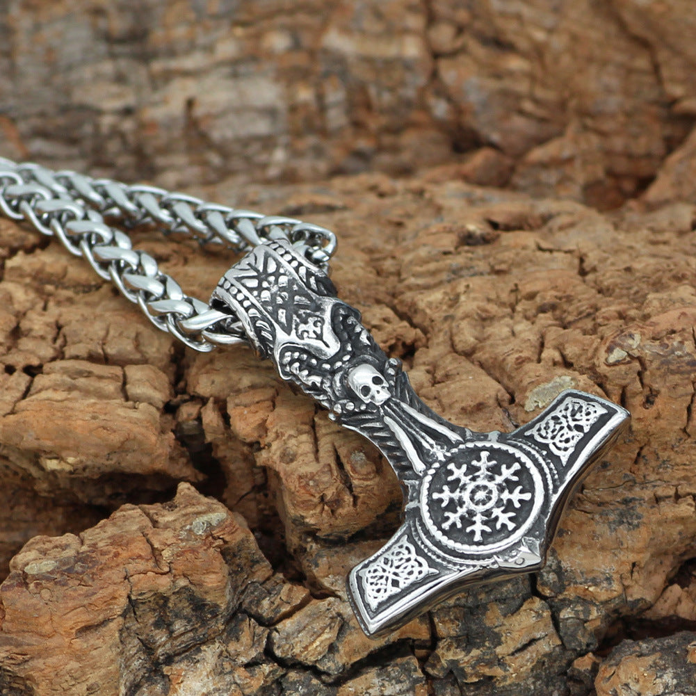 Handcrafted Stainless Steel Mjolnir With Skull And Helm Of Awe