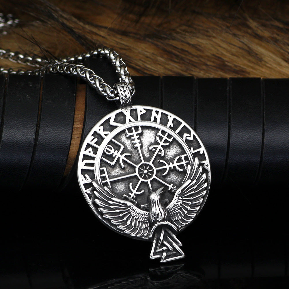 Raven Carrying Valknut Compass Necklace