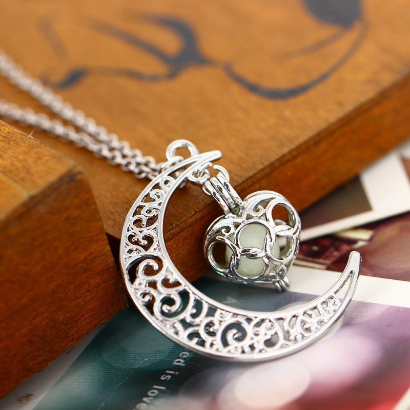 Moon Glow in the Dark Silver Plated Moon Locket Necklace