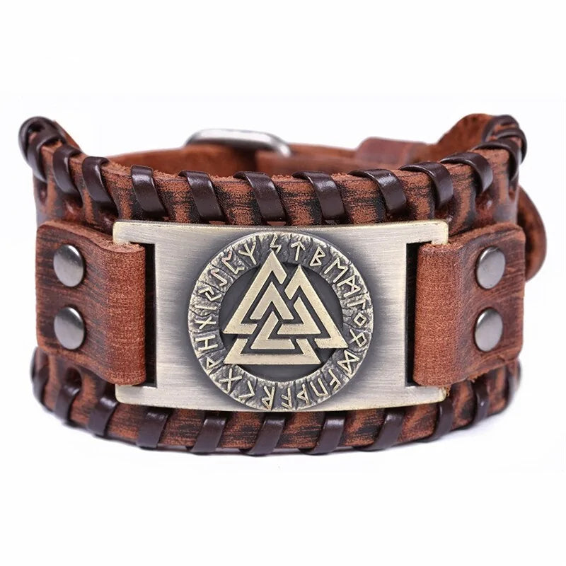 Viking Valknut Amulet Leather Bracelet