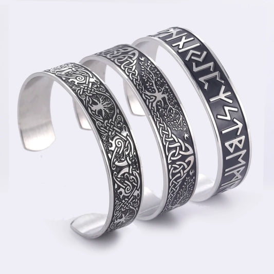 Teamer Stainless Steel Nordic Viking Runes Bangle Men Women Wicca Amulet Vintage Tree of Life Cuff Bracelet Jewelry Couple Gifts