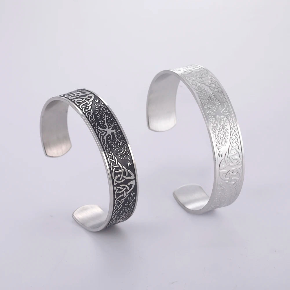 Teamer Stainless Steel Nordic Viking Runes Bangle Men Women Wicca Amulet Vintage Tree of Life Cuff Bracelet Jewelry Couple Gifts