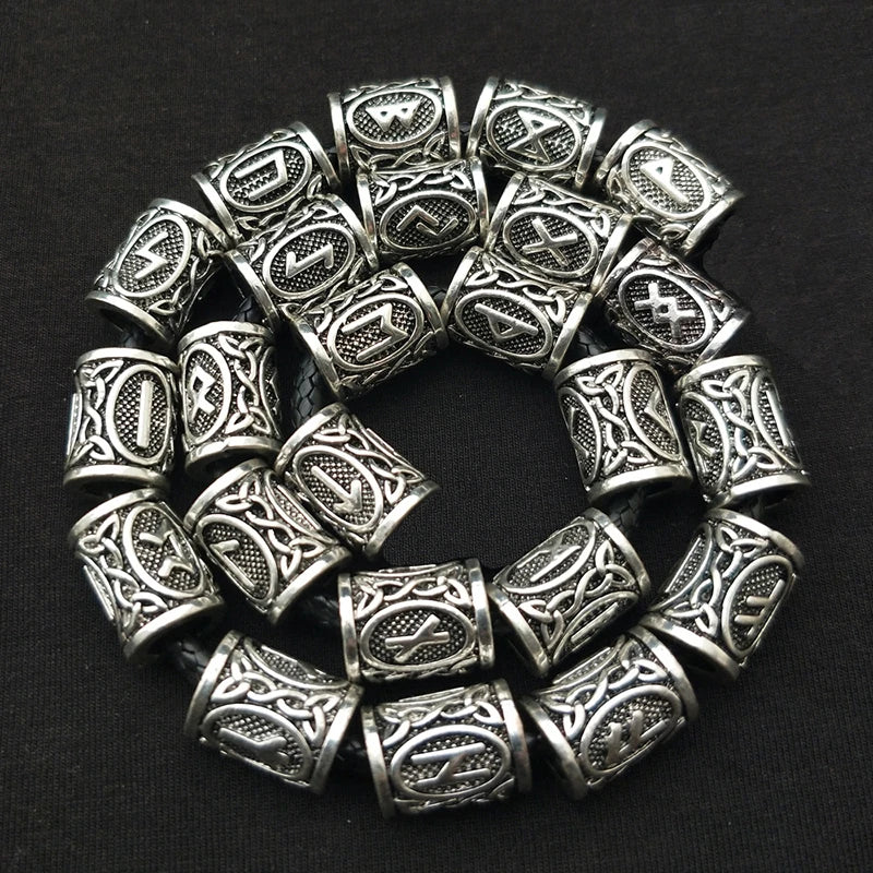 24Pcs/Set Viking Rune Beads Metal Tube Spacer Beads Hair Braid Beard Dreadlock Beads Pendant For DIY Jewelry Making