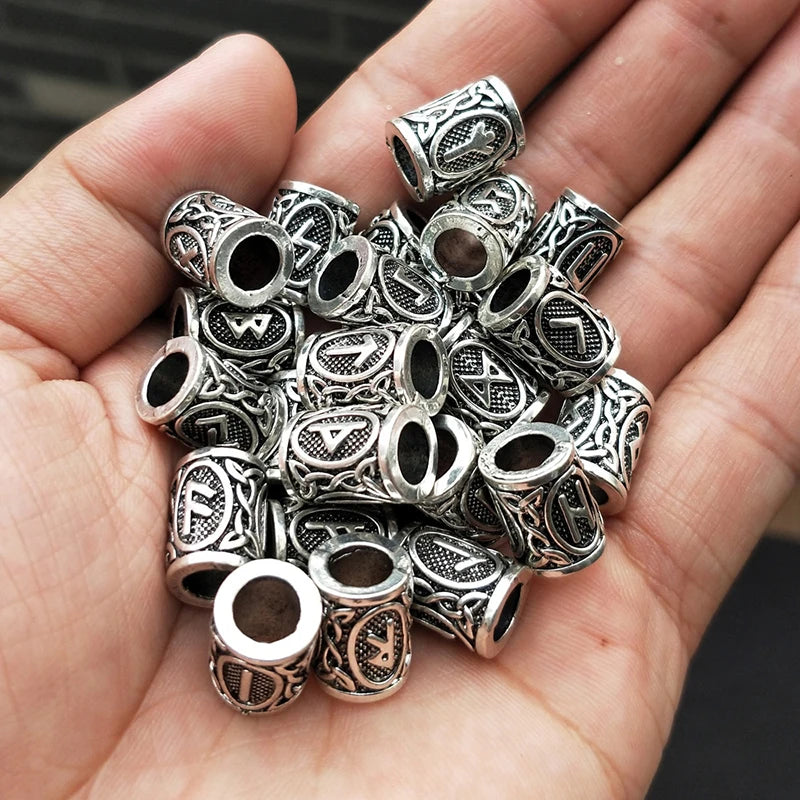 24Pcs/Set Viking Rune Beads Metal Tube Spacer Beads Hair Braid Beard Dreadlock Beads Pendant For DIY Jewelry Making