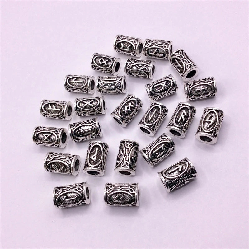 24Pcs/Set Viking Rune Beads Metal Tube Spacer Beads Hair Braid Beard Dreadlock Beads Pendant For DIY Jewelry Making