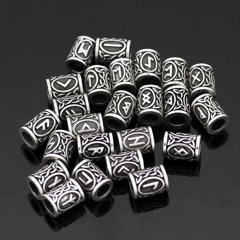 24Pcs/Set Viking Rune Beads Metal Tube Spacer Beads Hair Braid Beard Dreadlock Beads Pendant For DIY Jewelry Making