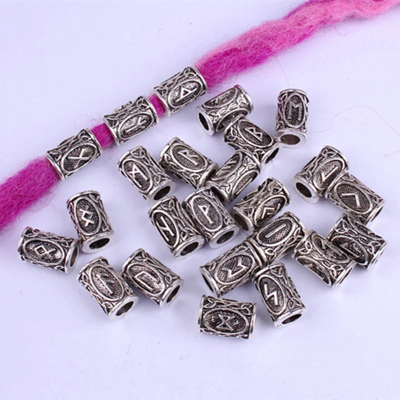 24Pcs/Set Viking Rune Beads Metal Tube Spacer Beads Hair Braid Beard Dreadlock Beads Pendant For DIY Jewelry Making