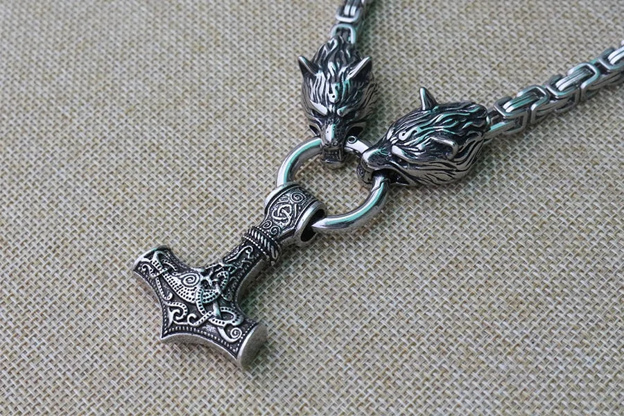 Viking Wolf Head With Thor's Hammer Steel Necklace