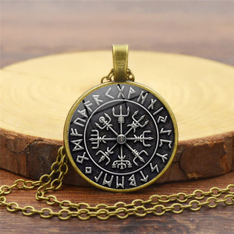 Viking Odin Compass Time Gem Necklace – Unique Sweater Chain Pendant Symbolizing Norse Navigation and Wisdom