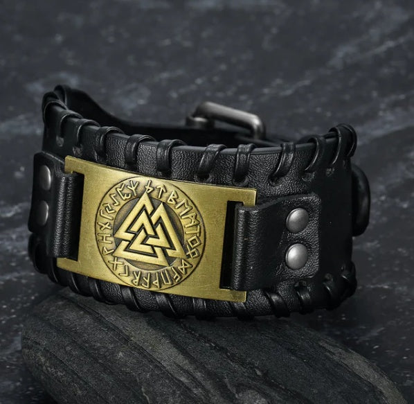 Nordic Viking Valknut Triangle Energy Men's Leather Bracelet