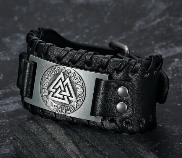 Nordic Viking Valknut Triangle Energy Men's Leather Bracelet