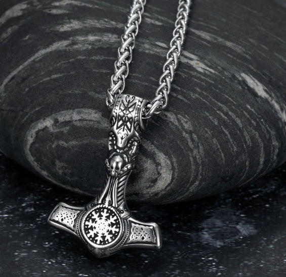 Handcrafted Stainless Steel Mjolnir With Skull And Helm Of Awe