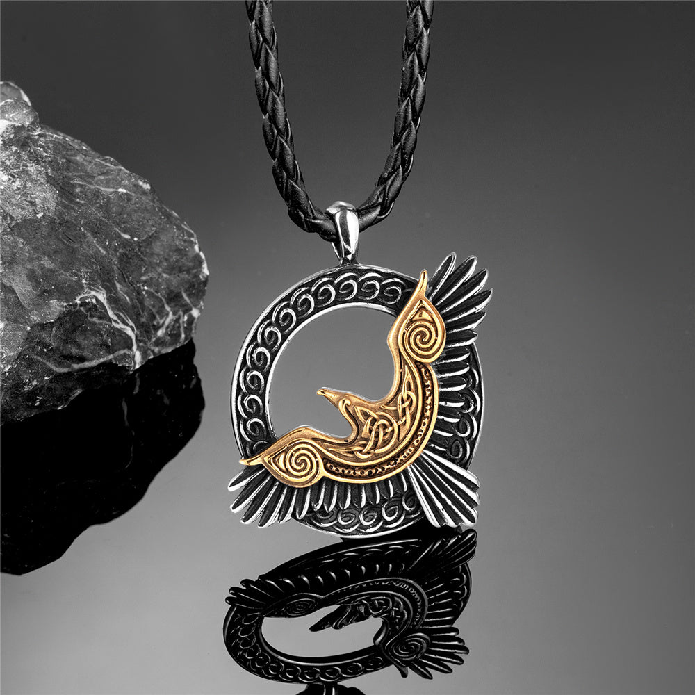 Nordic Viking Odin Raven Necklace – Titanium Steel Pendant with Retro Norse Mythology Design